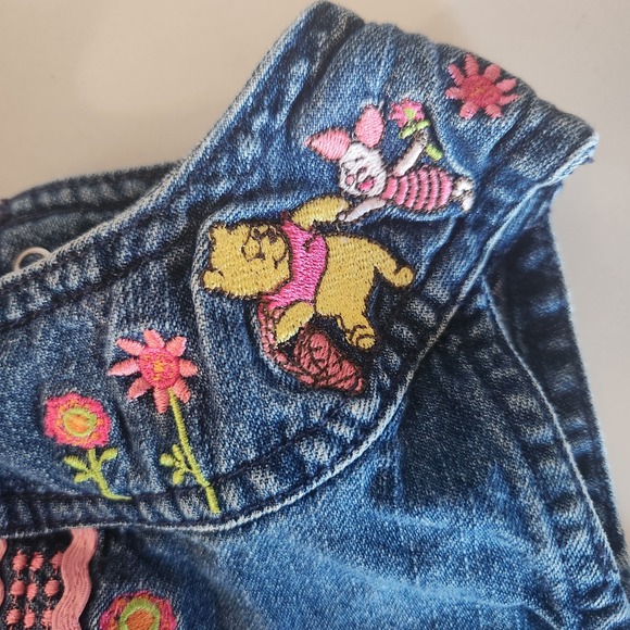 Y2k‎ 02 Disney Winnie the Pooh Denim Dress Girl Pink Embroidered Flowers Ruffles - Picture 2 of 8